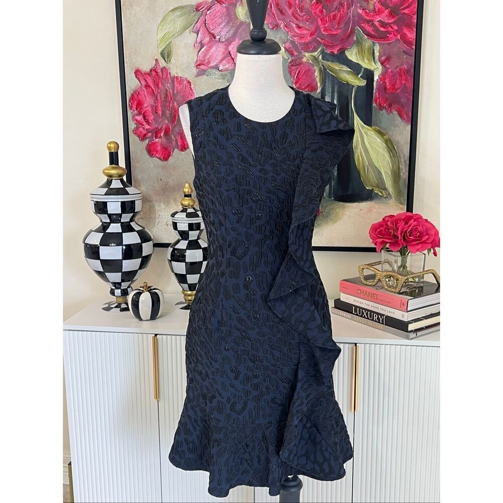 BCBGMaxazria Women's Dede Ruffled Jacquard Sleeveless Sheath Dress Navy Size 6